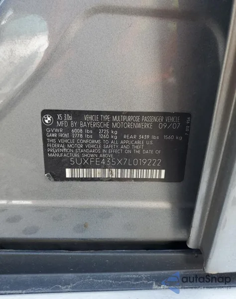 2007 BMW X5 3.0I z USA, uszkodzony, nr VIN 5UXFE435X7L019222